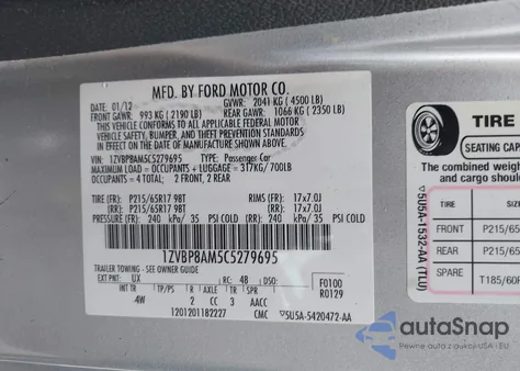 2012 Ford Mustang V6/V6 Premium from USA, damaged, VIN 1ZVBP8AM5C5279695